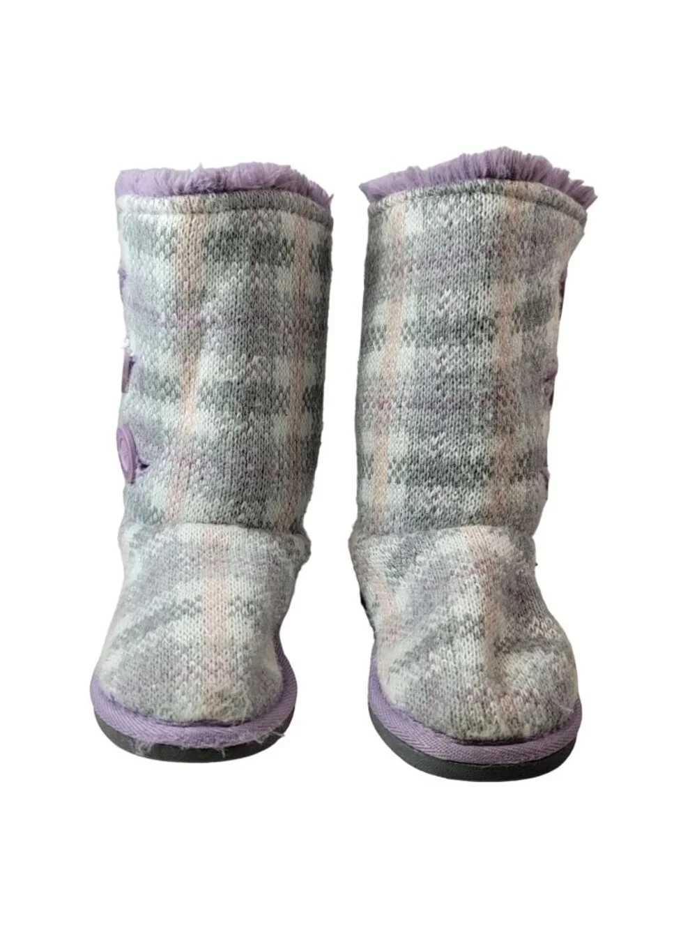 Muk Luks Girls Malena Sweater Knit Boots Purple Gray Size 2 Plaid Mid Height